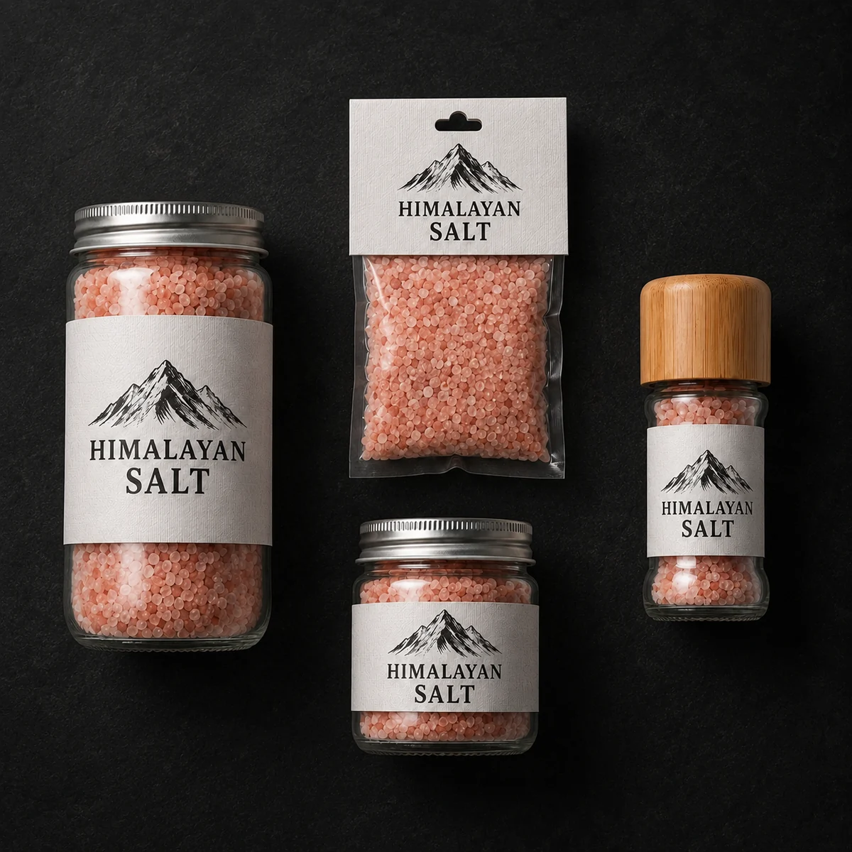 Himalayan pink salt in retail jars, grinder bottles, and pouches