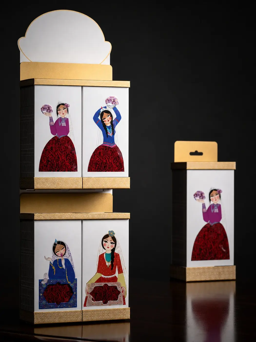 Counter display stand holding illustrated retail saffron boxes
